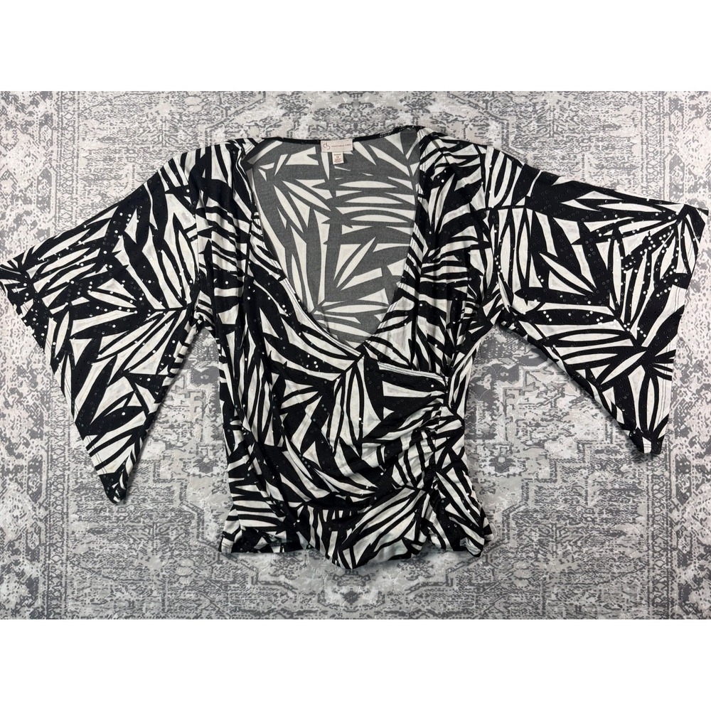 CB Established 1962 Sequin Palm Leaf Faux Wrap Bell Sleeve Top Women 1X